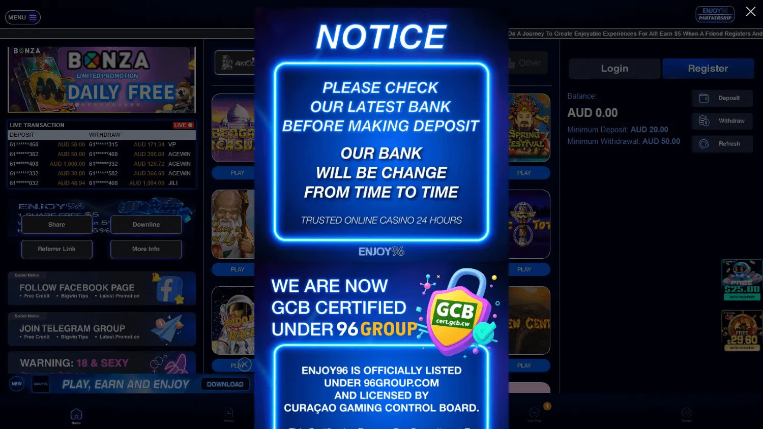 Enjoy96 Casino desktop games area with pokies and casino categories