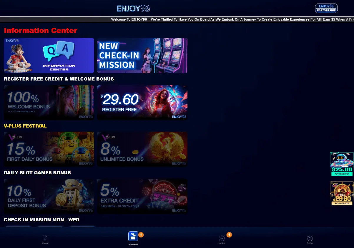 Enjoy96 Casino desktop promotions area with the $29.60 bonus and first-deposit offer