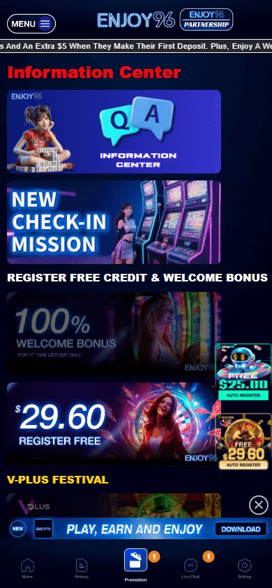 Enjoy96 Casino mobile browser promotions area with bonus offers