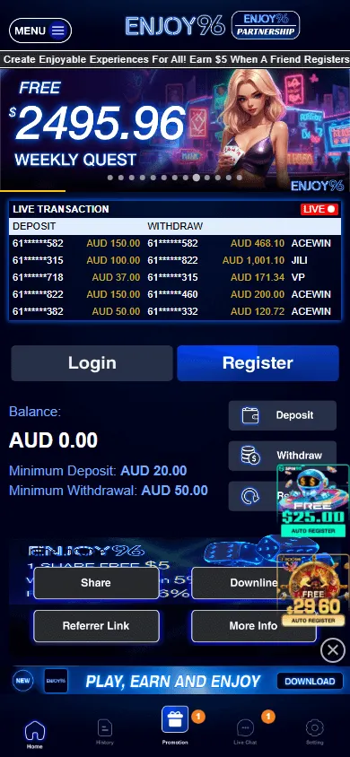 Enjoy96 Casino mobile browser games area with pokies available to play