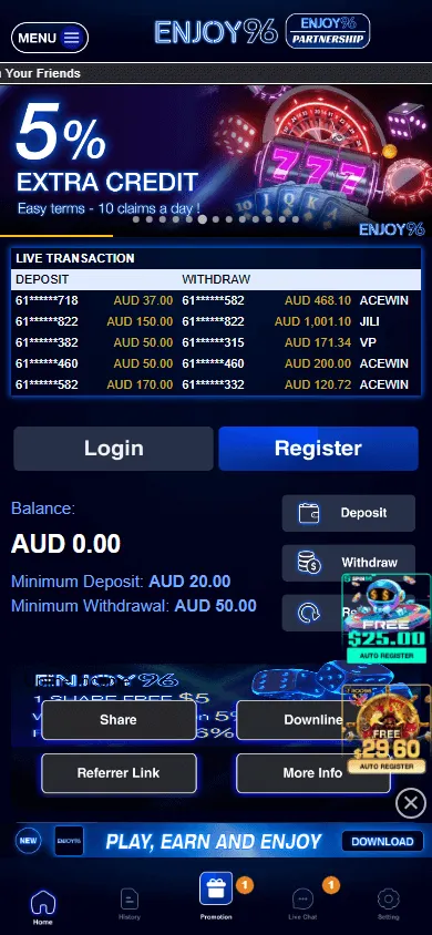 Enjoy96 Casino mobile browser home screen for Australian players
